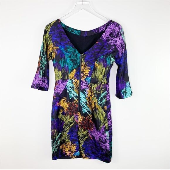 Milly NY Delaney Galaxy Print 3/4 Sleeve Silk Dress V-Back‎ Exposed Zip Sz 2 - Picture 3 of 12
